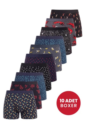 Özel Seri Normal Konforlu Bel Erkek Desenli Boxer 10'lu Paket Pamuklu Likralı