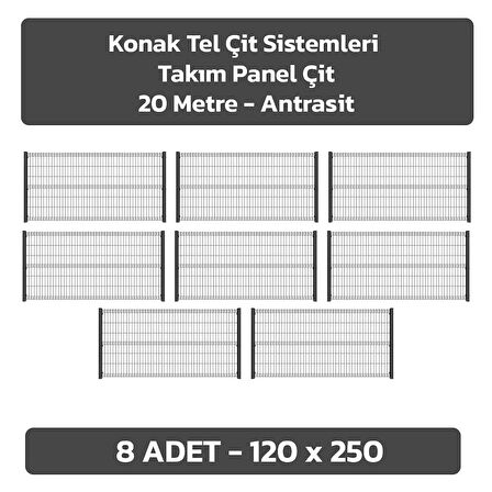 KONAK TEL ÇİT SİSTEMLERİ 8 ADET PANEL ÇİT TELİ 120X250 CM + 8 ADET PANEL ÇİT DİREĞİ 120 CM ANTRASİT