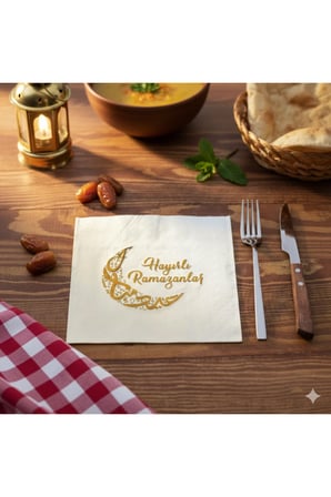 5 Adet Ramazan Temalı Yaldız Baskılı Peçete – Altın Ay Ve Kandil Figürlü Dekoratif Masa Peçetesi İftar Sahur Napkin