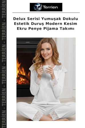 Delux Serisi Yumuşak Dokulu Estetik Duruş Modern Kesim Ekru Penye Pijama Takımı