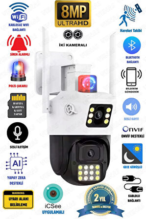 8 Megapixel Ultra HD Kablosuz Wifi İp Çift Kameralı Dış Mekan Alarmlı İkaz Lambalı Güvenlik Kamerası