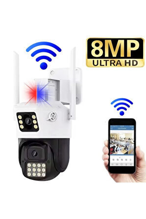 8 Megapixel Ultra HD Kablosuz Wifi İp Çift Kameralı Dış Mekan Alarmlı İkaz Lambalı Güvenlik Kamerası