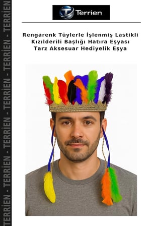 Rengarenk Tüylerle İşlenmiş Lastikli Kızılderili Başlığı Hatıra Eşyası Tarz Aksesuar Hediyelik Eşya