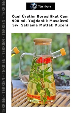 Özel Üretim Borosilikat Cam 900 ml. Yağdanlık Masaüstü Sıvı Saklama Mutfak Düzeni