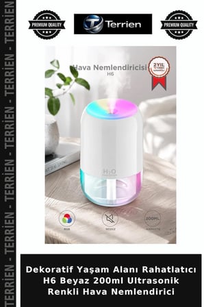 Dekoratif Yaşam Alanı Rahatlatıcı H6 Beyaz 200ml Ultrasonik Renkli Hava Nemlendirici