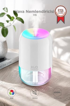 Dekoratif Yaşam Alanı Rahatlatıcı H6 Beyaz 200ml Ultrasonik Renkli Hava Nemlendirici