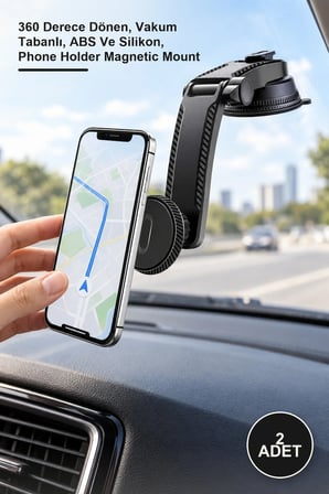 2 Adet Manyetik Araç İçi Telefon Tutucu – 360 Derece Dönen, Vakum Tabanlı, ABS Ve Silikon, Phone Holder Magnetic Mount