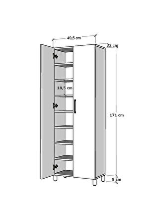 8 Raflı 2 Kapaklı Kalın Raflı Ayakkabılık Çok Amaçlı Mutfak Banyo Dolabı Kiler Dolabı