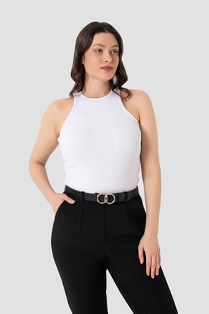 Özel Üretim Gardırop Sadelik Spor Şık Kadın Pamuklu Fitilli Halter Yaka Beyaz Atlet