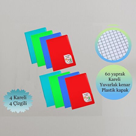 Çınar A4 60 Yaprak Colormaxi Spiralli Defter Plastik Kapak 4 Çizgili + 4 Kareli