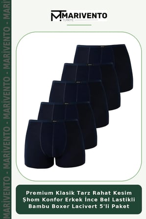 Premium Klasik Tarz Rahat Kesim Şhom Konfor Erkek İnce Bel Lastikli Bambu Boxer Lacivert 5'li Paket