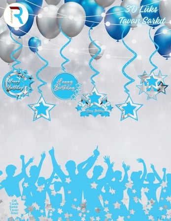 Premium Parti Süsü Süsleme Doğum Günü HAPPY BİRTHDAY MAVİ TAVAN SARKIT