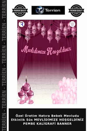 Özel Üretim Hatıra Bebek Mevludu Etkinlik Süs MEVLİDİMİZE HOŞGELDİNİZ PEMBE KALİGRAFİ BANNER