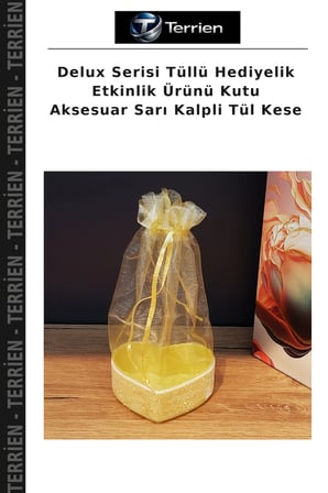 Delux Serisi Tüllü Hediyelik Etkinlik Ürünü Kutu Aksesuar Sarı Kalpli Tül Kese