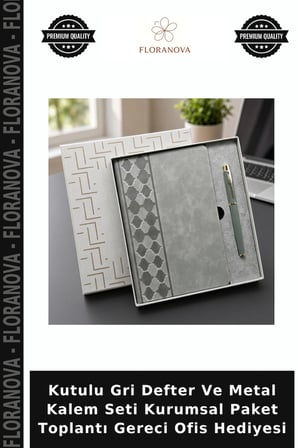 Kutulu Gri Defter Ve Metal Kalem Seti Kurumsal Paket Toplantı Gereci Ofis Hediyesi