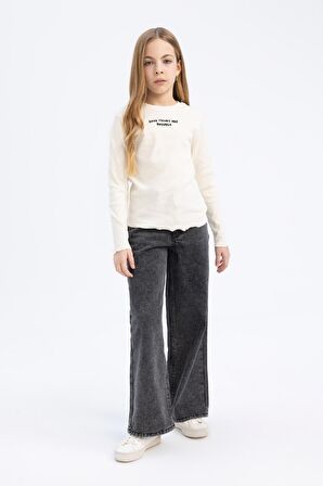 Kız Çocuk Slim Fit Dar Kesim Bisiklet Yaka Baskılı Fitilli Kaşkorse Uzun Kollu Tişört