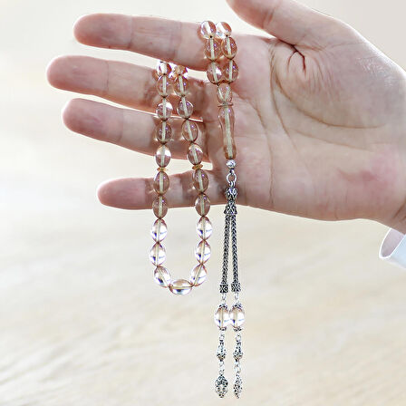 925 Ayar Gümüş Çift Püsküllü Arpa Kesim Şeffaf Beyaz Ateş Kehribar Tesbih