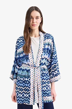 Relax Fit Desenli Kuşaklı Kimono