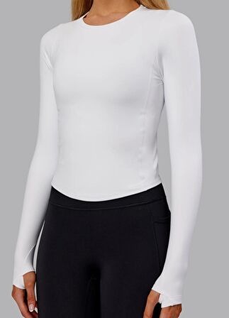 Beyaz Bisiklet Yaka Uzun Kol Body DARKALIP Cotton Ribana Kumaş Parmak Geçmeli  Jimnastik Spor Body