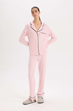 DeFacto Pijama Takımı Çizgili Uzun Kollu Üst Beli Lastikli Uzun Altı-Fall in Love D6845AX24AUBR277