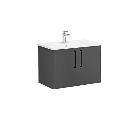 VitrA Root 68149 Lavabo Dolabı Kapaklı, 80 cm, Mat Fırtına Gri, Köşeli Lavabolu