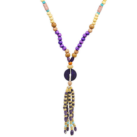 Tesbihane El Yapımı Etnik Ahşap Kombinli Mor Renk Geçişli Tekerlek Detaylı Otantik Kolye