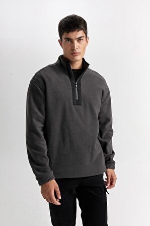 Relax Fit Dik Yaka Fermuarlı Polar Sweatshirt