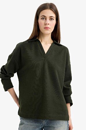 DeFacto Relax Fit Polo Yaka Basic Düz Uzun Kollu Tişört E8681AX25SPKH210