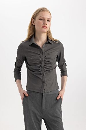 DeFacto Slim Fit Dar Kesim Polo Yaka Basic Düz Fitilli Kaşkorse Uzun Kollu Tişört C1326AX24SPGR452