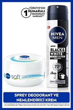 Nivea MEN Erkek Sprey Deodorant Black&White Invisible Original ve Soft Nemlendirici Vücut Bakım Kremi100ml