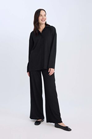 Straight Fit Beli Lastikli Basic Düz Bürümcük Geniş Paça Pantolon