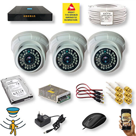 3 Kameralı Set - Hareket Algılayan Gece Görüşlü 36 IR Led 5MP Sony Lensli 1080P Full HD Dome İç Mekan Güvenlik Kamerası Seti D136b