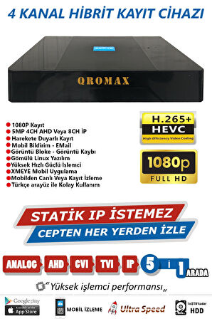4 Kanal Dvr Kayıt Cihazı 500GB HDD 1080P 5MP H265+ Kolay Cepten Izle Sabit Ip Istemez Xmeye 