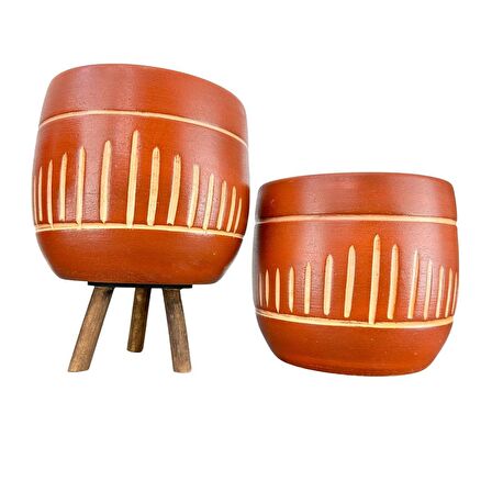 Ev Dekorasyon Aksesuar Dik Çizgi Desenli Toprak Saksı Saksılık Salon Çiçeklik İkili Set Ayaksız - 3 Ayaklı- 19 CM
