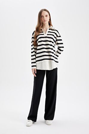DeFacto Regular Fit Çizgili Polo Yaka Etek Ucu Detaylı Uzun Kollu Tişört Tunik D2183AX24AUBK81
