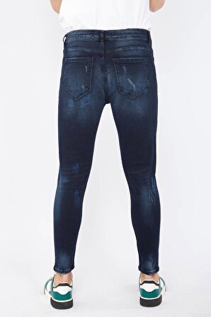 Erkek Skinny Ripped Patch Detaylı Jean Lacivert