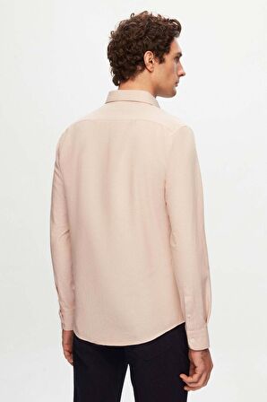 Slim Fit Ekru Oxford Düğmeli Yaka Kolay Ütülenebilir Nakış Detaylı Pamuklu Gömlek 4HC02ORT03265