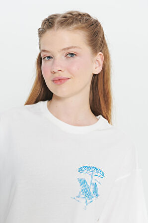 Oversize Fit Bol Kesim %100 Pamuk Bisiklet Yaka Baskılı Crop Tişört