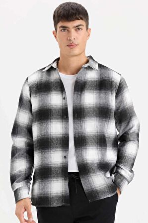 DeFacto Regular Fit Polo Yaka Kareli Flanel Uzun Kollu Gömlek D5835AX24AUBK81