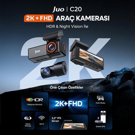 Juo C20 2K QHD Ön + FHD Arka 2 Kameralı WiFi GPS HDR Araç Kamerası Ekranlı 170° Geniş Açı Gece Görüş Araç içi Kamera