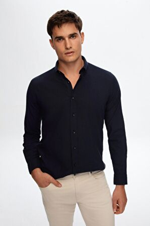 Ds Damat Slim Fit Lacivert Keten Görünümlü Gömlek 6HC02ORT63265