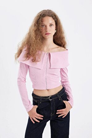 DeFacto Fitted Omuzu Açık Basic Düz Fitilli Kaşkorse Fermuarlı Hırka D4793AX24AUPN205