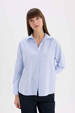 Oversize Geniş Kalıp Çizgili Oxford Uzun Kollu Gömlek