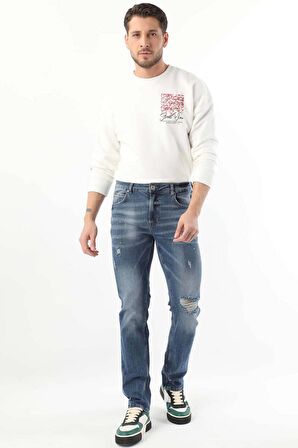 Erkek Dizi Yırtık Boyalı Jean Pantolon Mavi