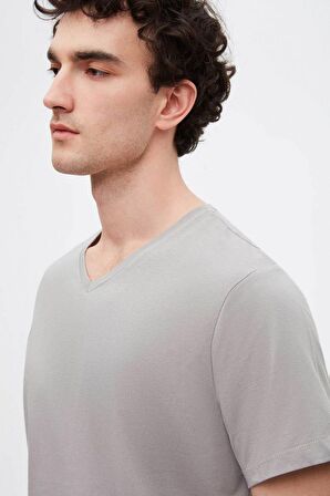 Ds Damat Slim Fit Gri V Yaka %100 Pamuk T-Shirt 4HC141996755M