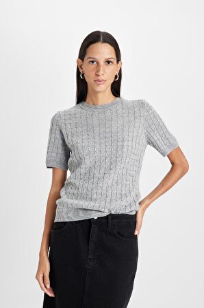 DeFacto Regular Fit Bisiklet Yaka Saç Örgülü Kısa Kollu Triko Kazak D3306AX24WNGR66