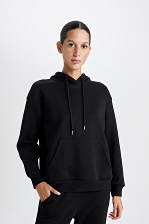 DeFacto Relax Fit Kapüşonlu Kanguru Cepli Kalın Basic Düz Siyah Sweatshirt W1240AZ24WNBK81