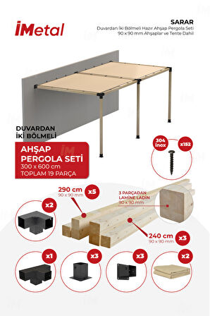 İmetal Sarar Duvardan İki Bölümlü Hazır Ahşap Pergola Seti 90x90  mm Ahşaplar ve Tente Dahil