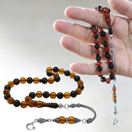 925 Ayar Gümüş Ay Yıldız Püsküllü Küre Kesim Sarı-Siyah Ateş Kehribar Tesbih