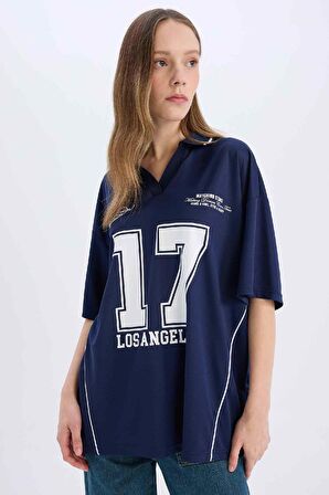 Coool Oversize Geniş Kalıp Polo Yaka Baskılı Kısa Kollu Tişört